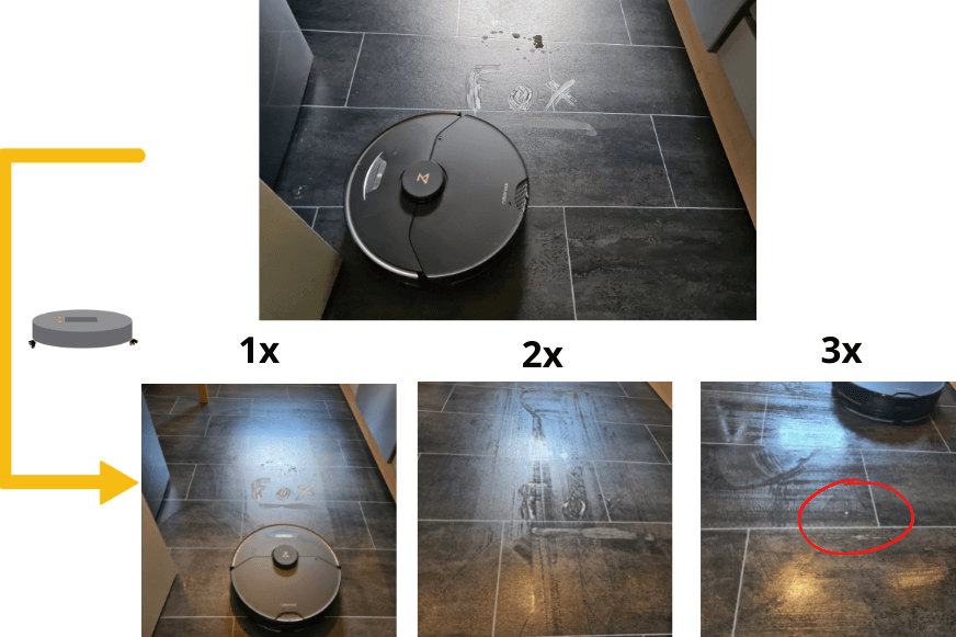 Das Wischtestergebnis des Roborock S7 MaxV Ultra auf einem PVC-Boden wird übersichtlich dargestellt